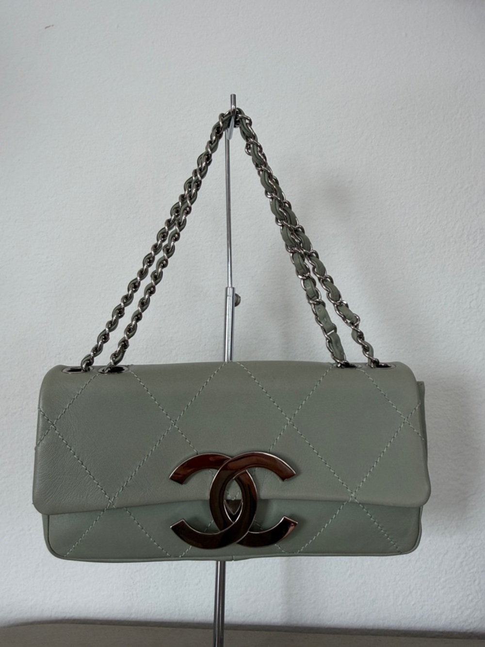 CHANEL Quilted Shoulder Bag in Sage Green with Silver-Tone Chain